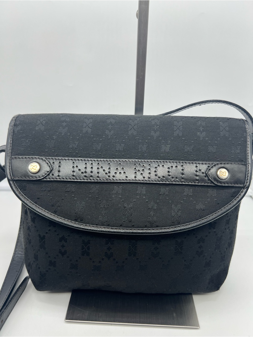 NINA RICCI VINTAGE Black Monogram Canvas Perforated Leather Flap Crossbody Bag - Picture 2 of 12
